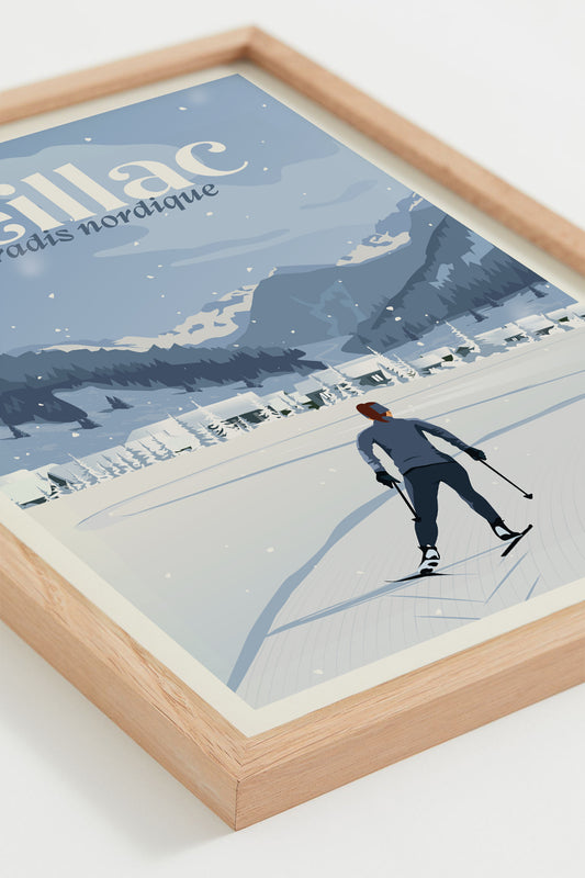 Affiche encadrée Ceillac Hiver, illustrant une skieuse de fond et le village enneigé de Ceillac dans les Hautes-Alpes, style minimaliste.