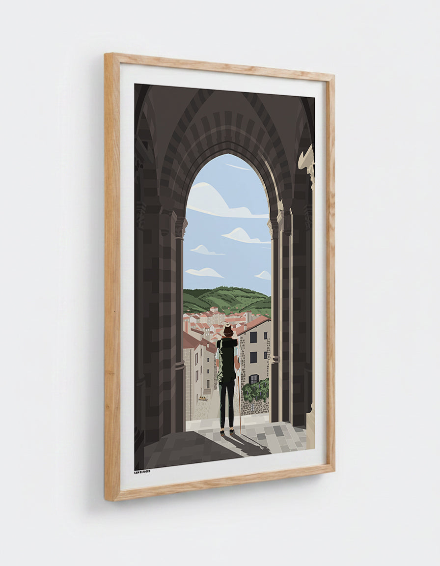 Affiche Cathédrale du Puy avec cadre en chêne 50x70cm