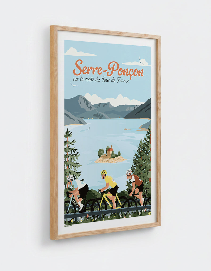 Affiche Serre-Ponçon Tour de France avec cadre en chêne 50x70cm
