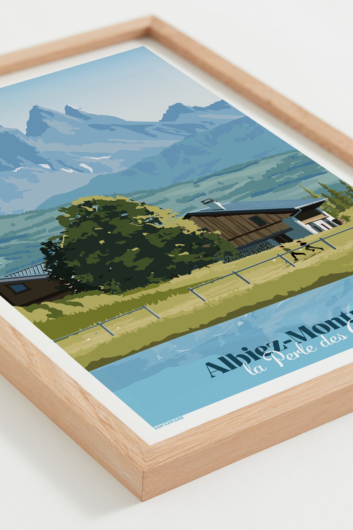 Affiche Albiez – station de ski en Savoie, vue de couché avec cadre bois clair