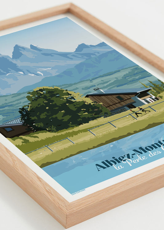 Affiche Albiez – station de ski en Savoie, vue de couché avec cadre bois clair