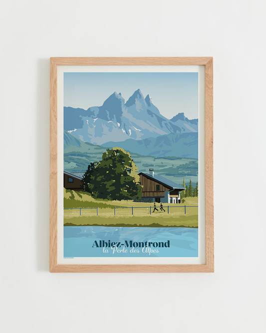 Affiche Albiez – panorama du village savoyard sous la neige avec les Aiguilles d’Arves en arrière-plan