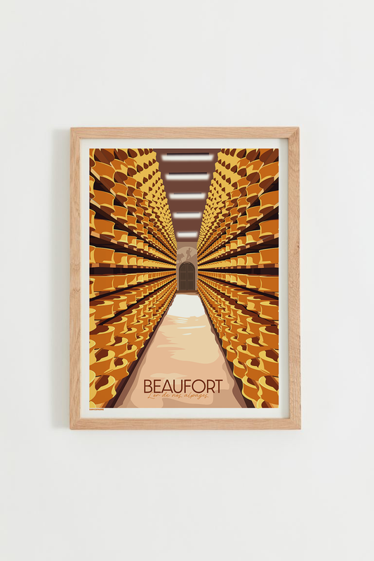 Affiche Beaufort représentant une cave d’affinage avec des meules de fromage savoyard alignées