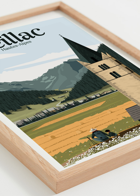 Affiche Ceillac Été – ambiance estivale en montagne, vue encadrée bois