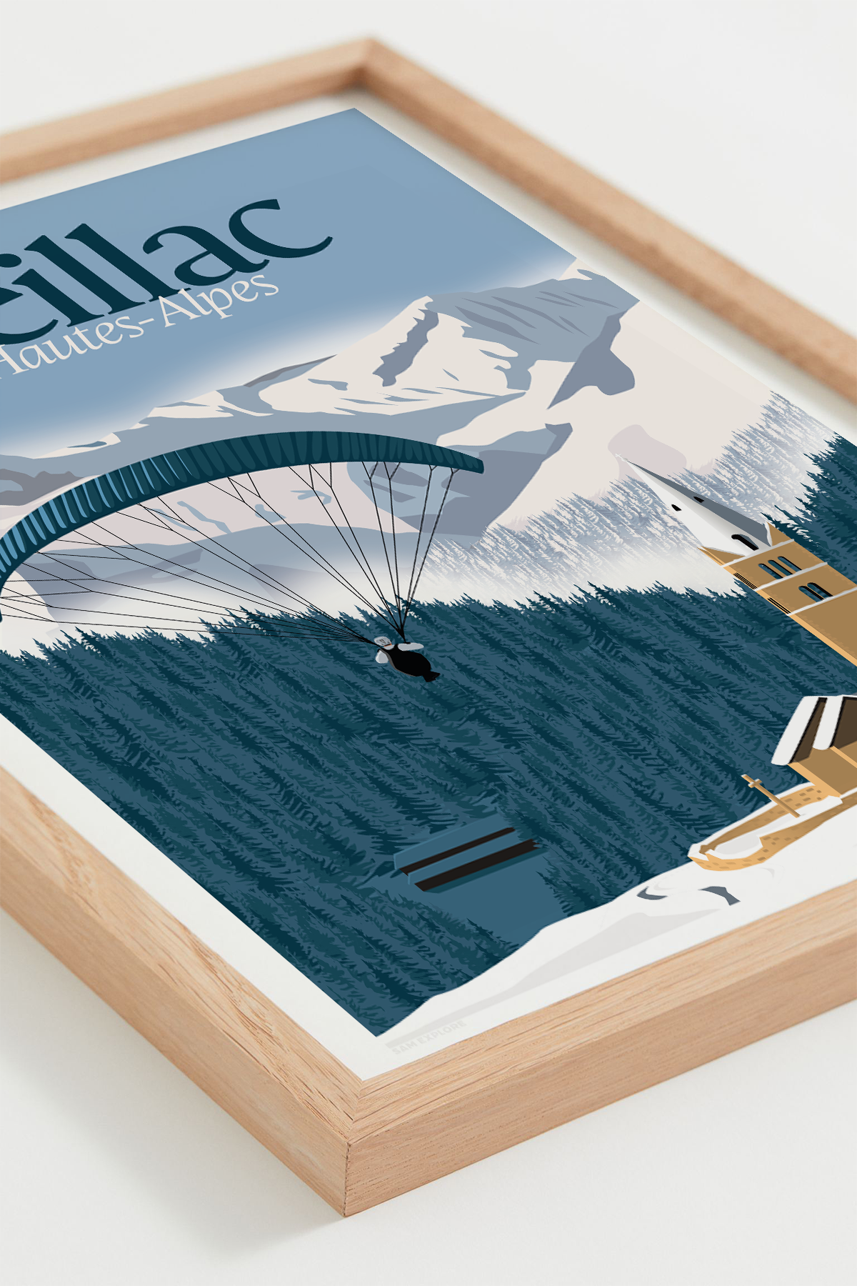 Affiche Ceillac Hiver – paysage alpin enneigé, cadre bois chêne