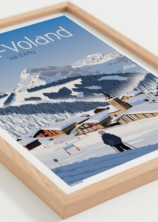 Affiche Crest-Voland – village savoyard et montagnes enneigées, vue encadrée bois