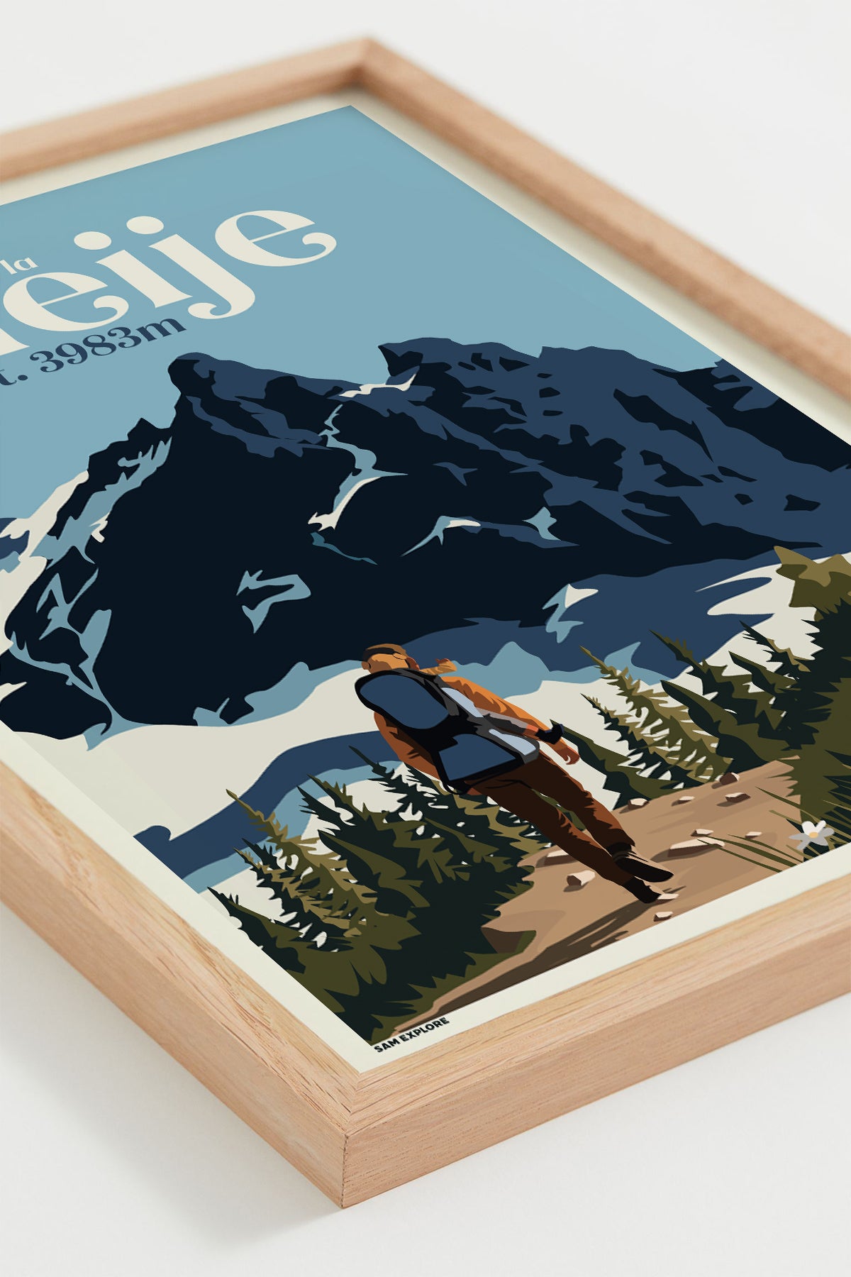 Affiche La Meije – montagne enneigée et glacier des Écrins, cadre bois clair