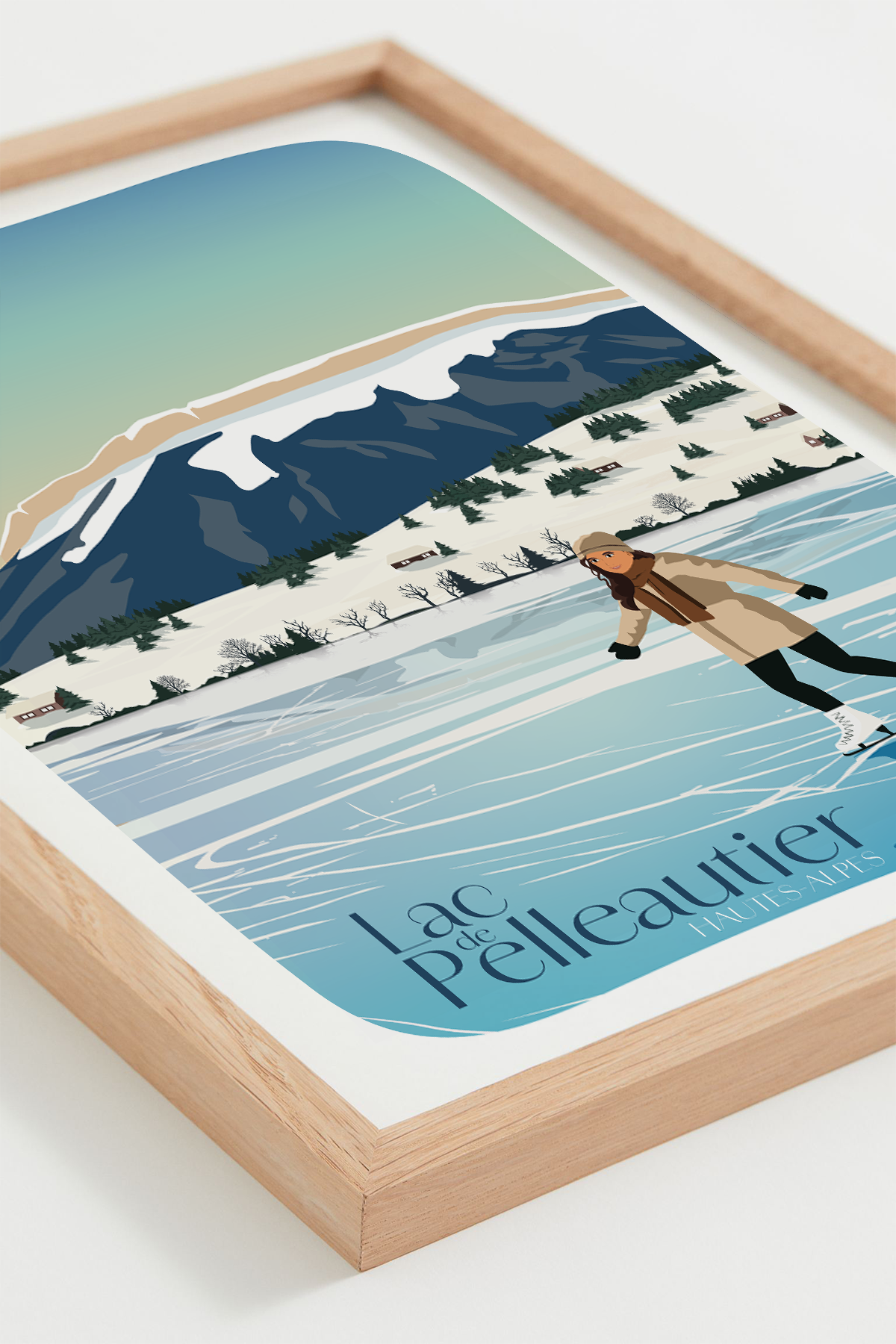 Affiche Lac de Pelleautier – coucher de soleil sur le lac et montagnes, cadre bois clair