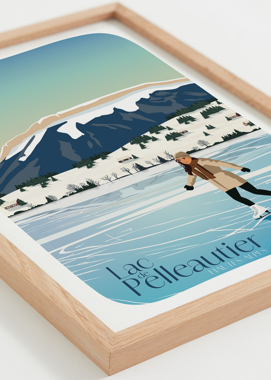 Affiche Lac de Pelleautier – coucher de soleil sur le lac et montagnes, cadre bois clair