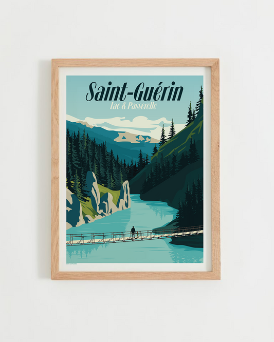 Affiche Lac de Saint-Guérin – vue sur le barrage et forêts savoyardes, cadre bois clair