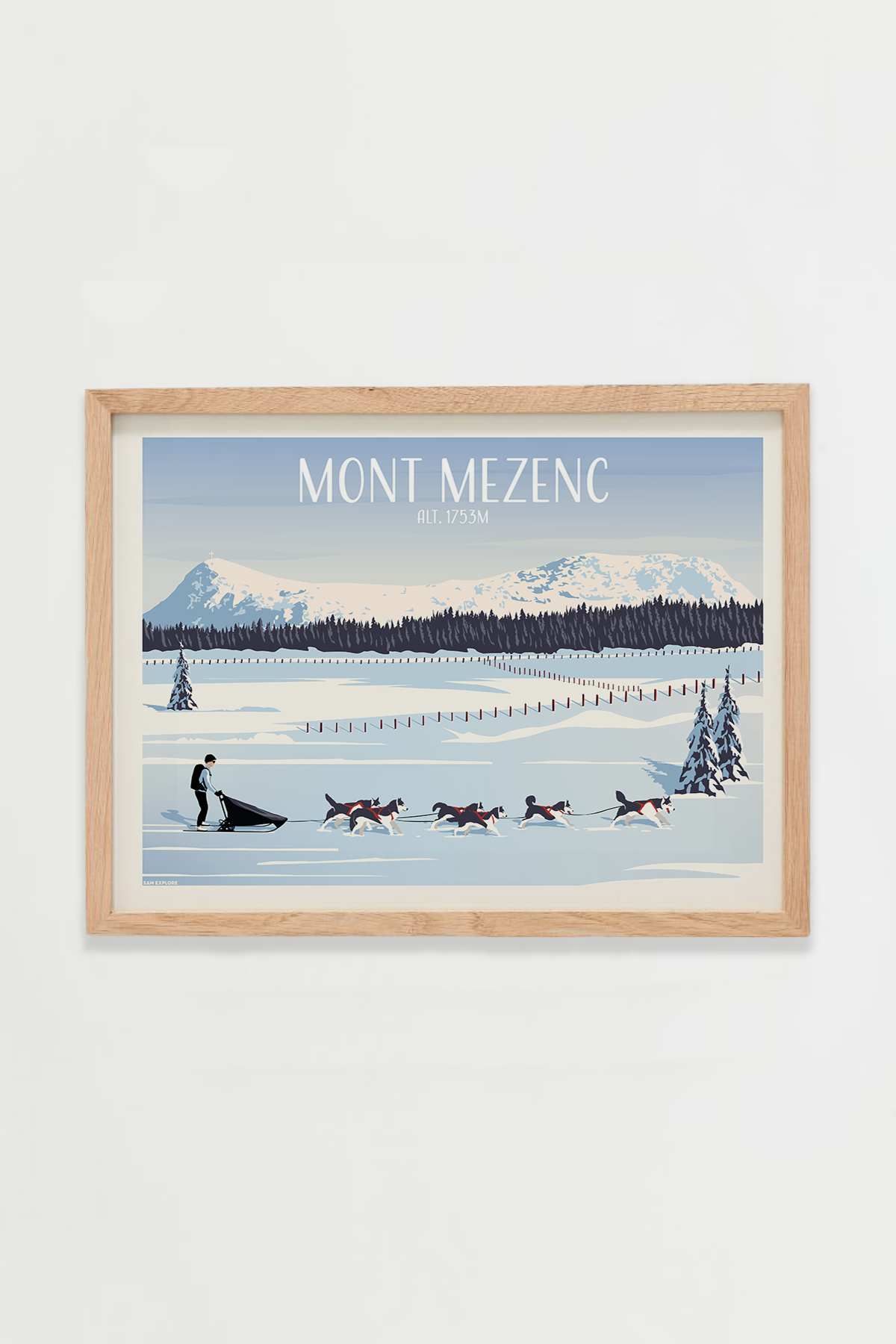 Affiche Mont Mézenc – chiens de traîneaux dans les montagnes enneigées, cadre bois clair