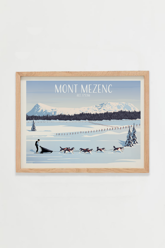 Affiche Mont Mézenc – chiens de traîneaux dans les montagnes enneigées, cadre bois clair