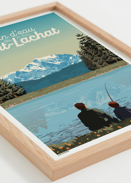Affiche Plan d’eau du Mont Lachat – reflet du Mont Lachat dans le lac, cadre bois clair