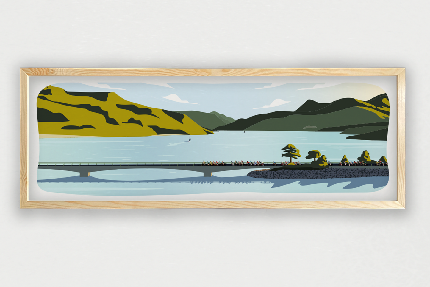 Affiche Pont de Savines – lever du soleil sur le pont et le lac, cadre bois clair