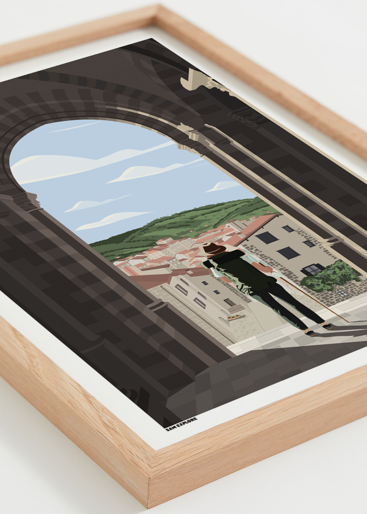 Affiche Le Puy-en-Velay – marcheuse devant la cathédrale, départ du pèlerinage