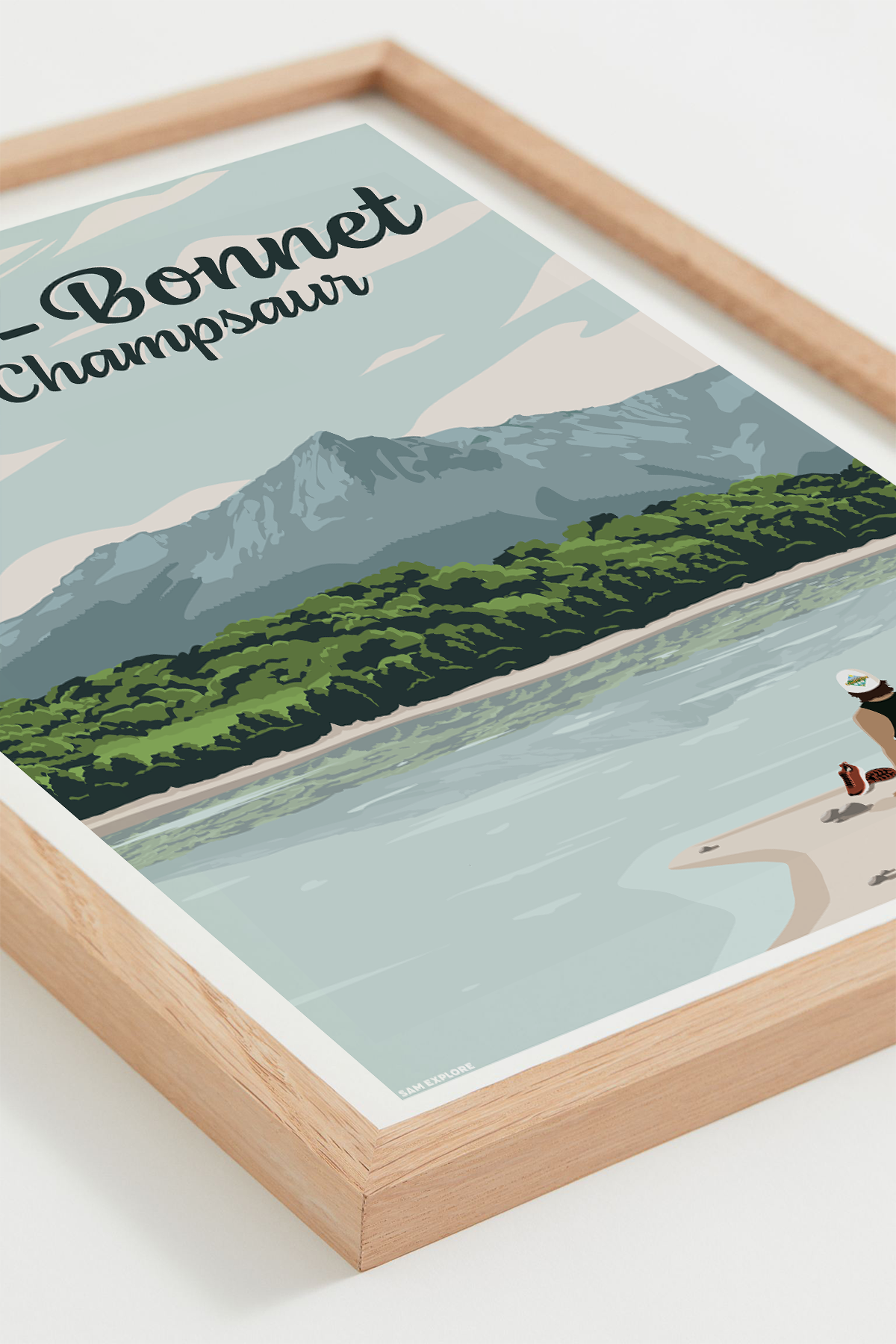 Affiche Saint-Bonnet-en-Champsaur – lac et montagne des Hautes-Alpes, cadre clair