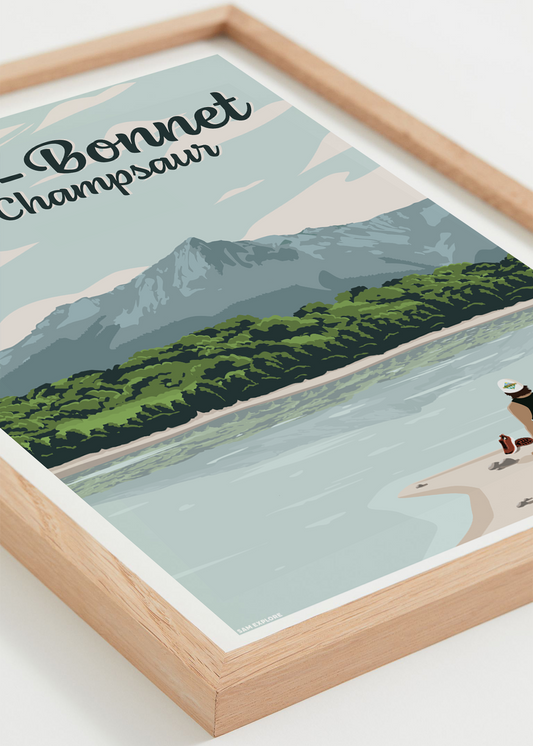 Affiche Saint-Bonnet-en-Champsaur – lac et montagne des Hautes-Alpes, cadre clair