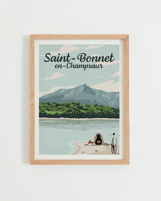 Affiche Saint-Bonnet-en-Champsaur – triathlète au plan d’eau du Champsaur, cadre bois