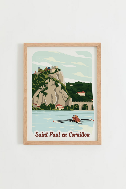 Affiche Saint-Paul-en-Cornillon – Loire et château de Cornillon, cadre bois clair