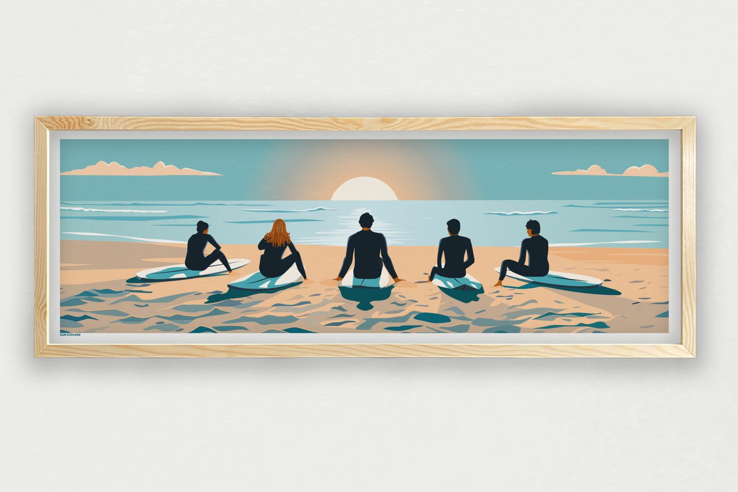 Affiche Surf Horizon – ambiance surf vintage et océan, vue encadrée bois clair