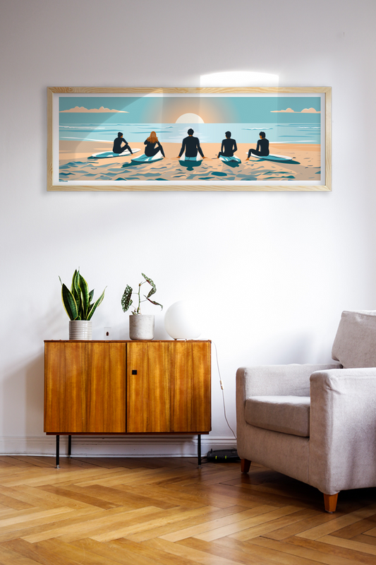 Affiche Surf Horizon – surfeur face à la vague au coucher du soleil, ambiance rétro