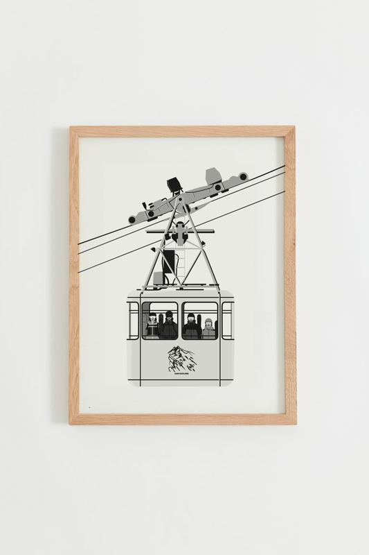 Affiche télécabine minimaliste en noir et blanc avec quatre skieurs à l’intérieur