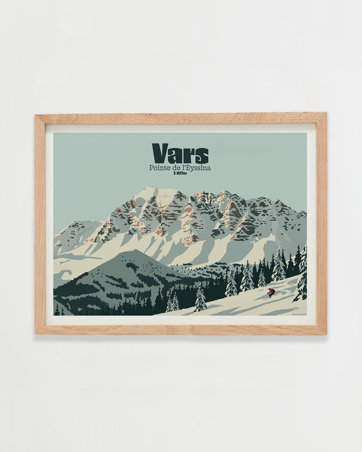 Affiche illustrée de Vars dans les Hautes-Alpes, représentant un skieur au premier plan et la Pointe de l'Eyssina enneigée en arrière-plan