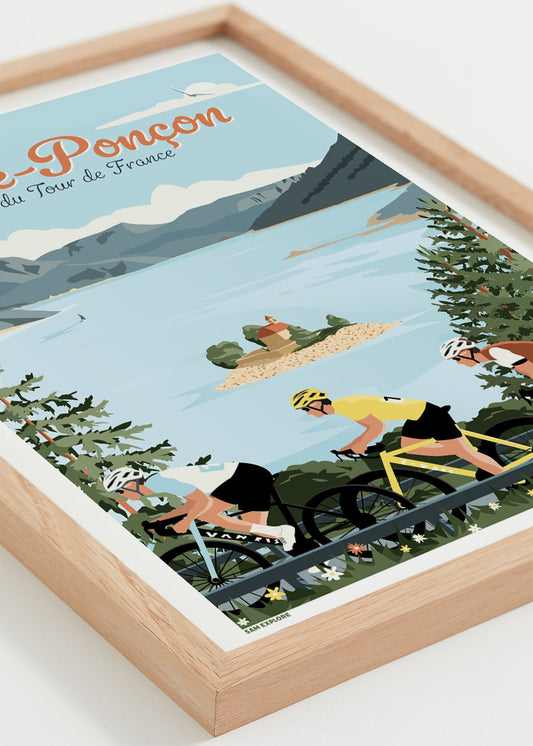 Affiche Serre-Ponçon Tour de France – passage des coureurs sur les routes alpines, cadre bois clair