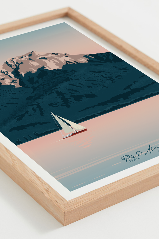 Poster illustré du Pic de Morgon dans les Hautes-Alpes, avec un voilier naviguant sur le lac de Serre-Ponçon