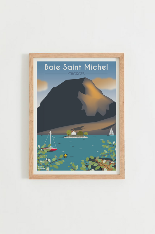 Affiche Baie Saint-Michel – chapelle et Pic du Morgon, cadre bois clair