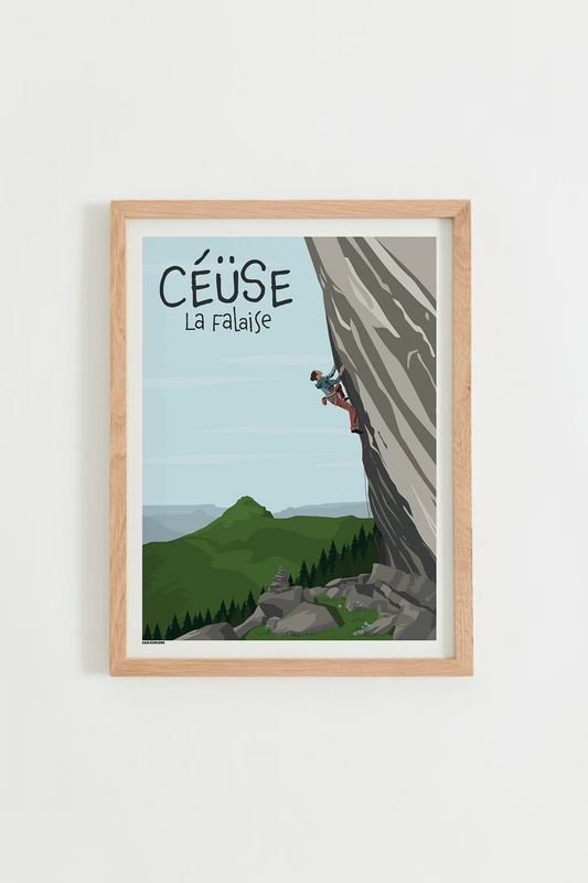 Affiche Céüse – falaise d’escalade des Hautes-Alpes, cadre bois clair