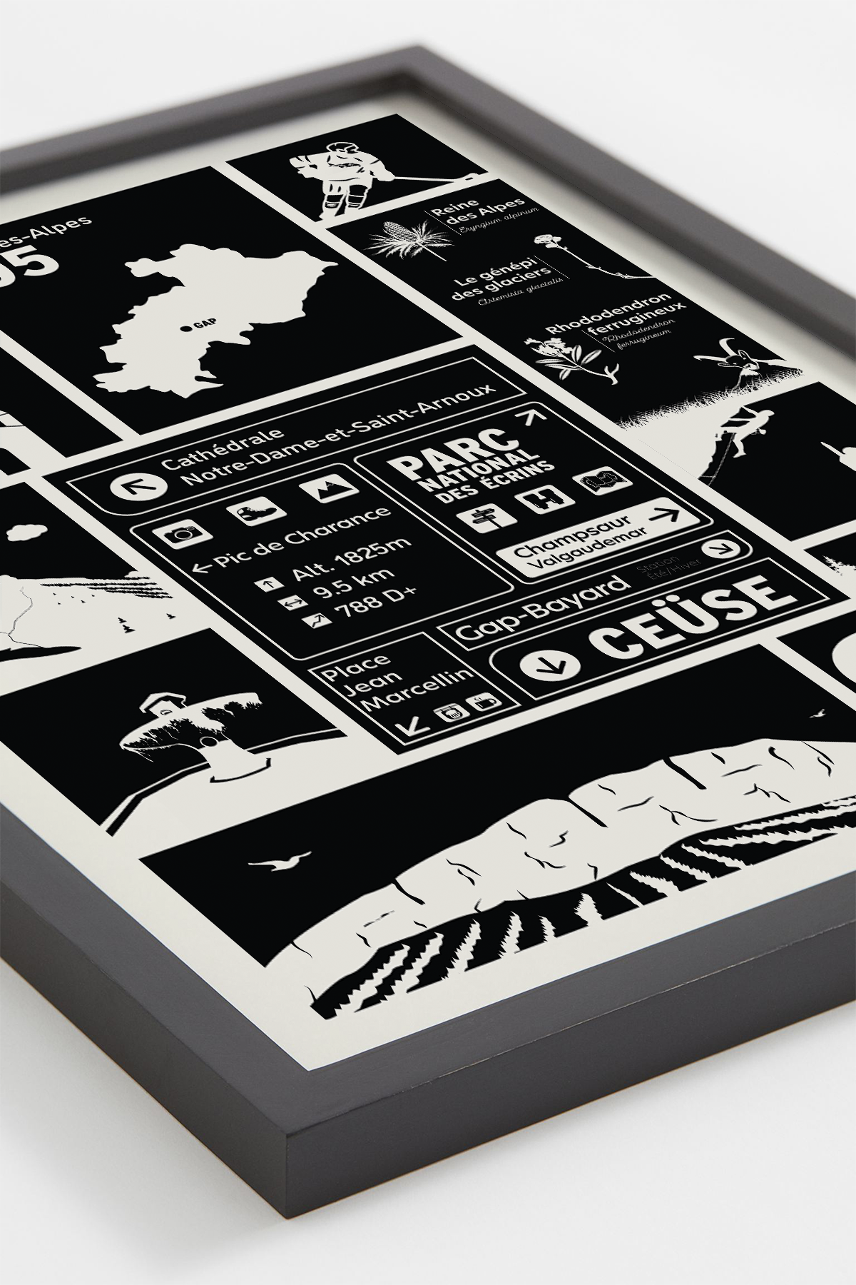 Affiche Gap – dessin de la ville et du Parc des Écrins, cadre naturel