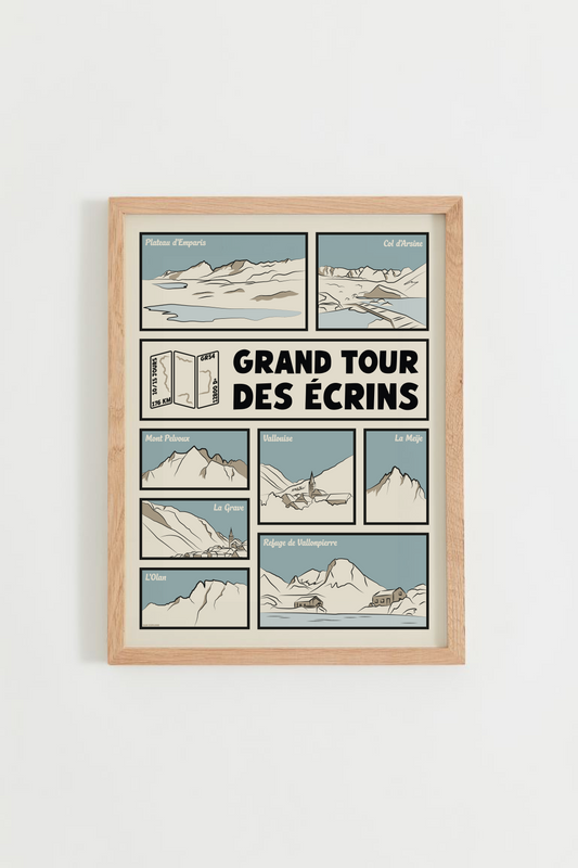 Affiche Grand Tour des Écrins – GR54 et sommets alpins, cadre chêne clair