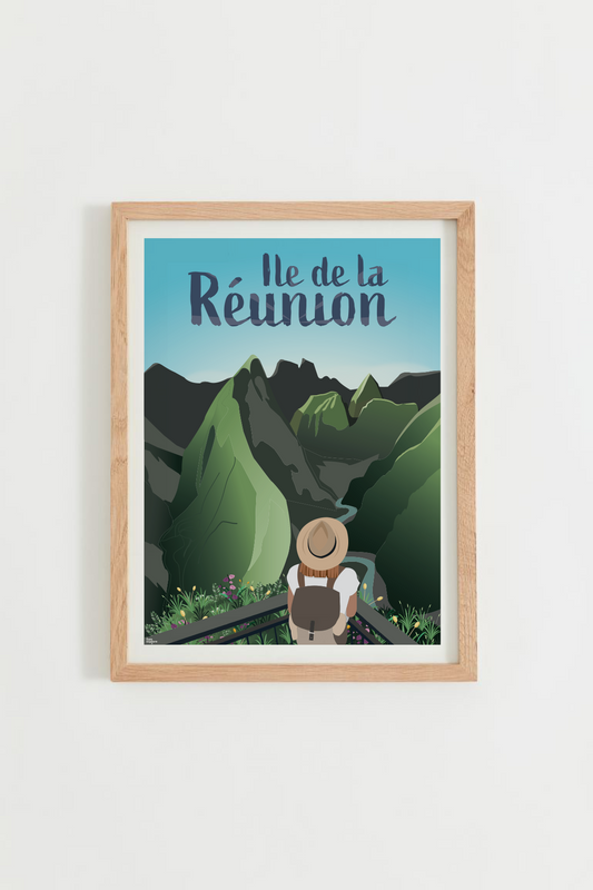 Affiche Île de la Réunion – vue du Cap Noir sur le cirque de Mafate, cadre bois clair