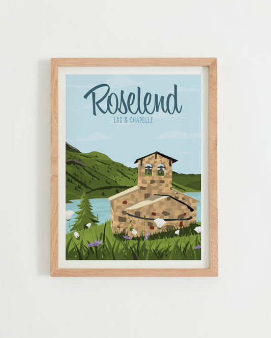 Affiche Lac de Roselend – chapelle Sainte Marie Madeleine et lac turquoise, cadre bois clair