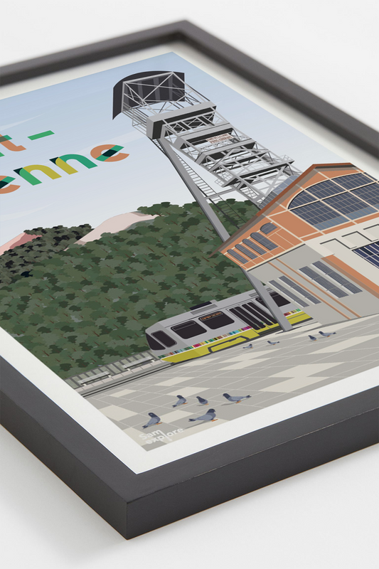 Affiche Saint-Étienne – crassiers et symboles du design stéphanois, cadre noir