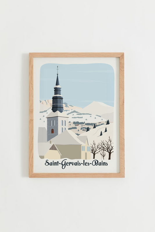 Affiche Saint-Gervais-les-Bains, église de Saint-Gervais, paysage enneigé