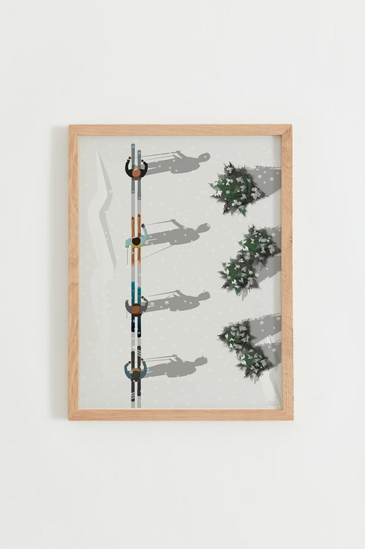 Affiche Ski de Randonnée – skieurs en montagne vue aérienne, cadre bois clair