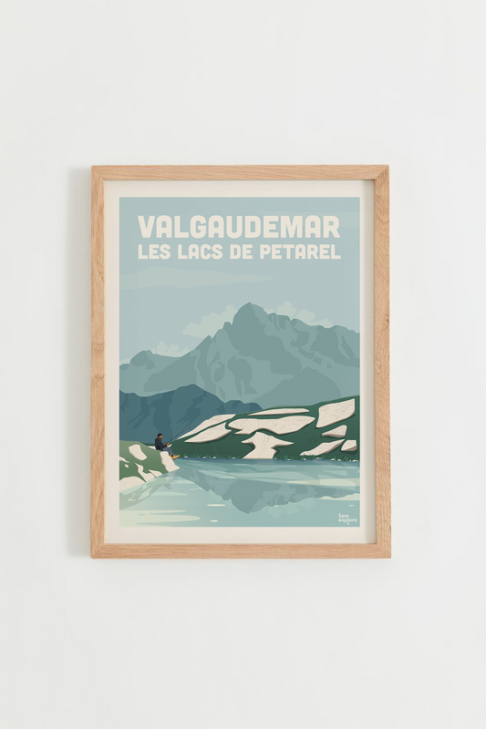 Affiche Valgaudemar – lacs de Pétarel et montagnes, cadre bois clair