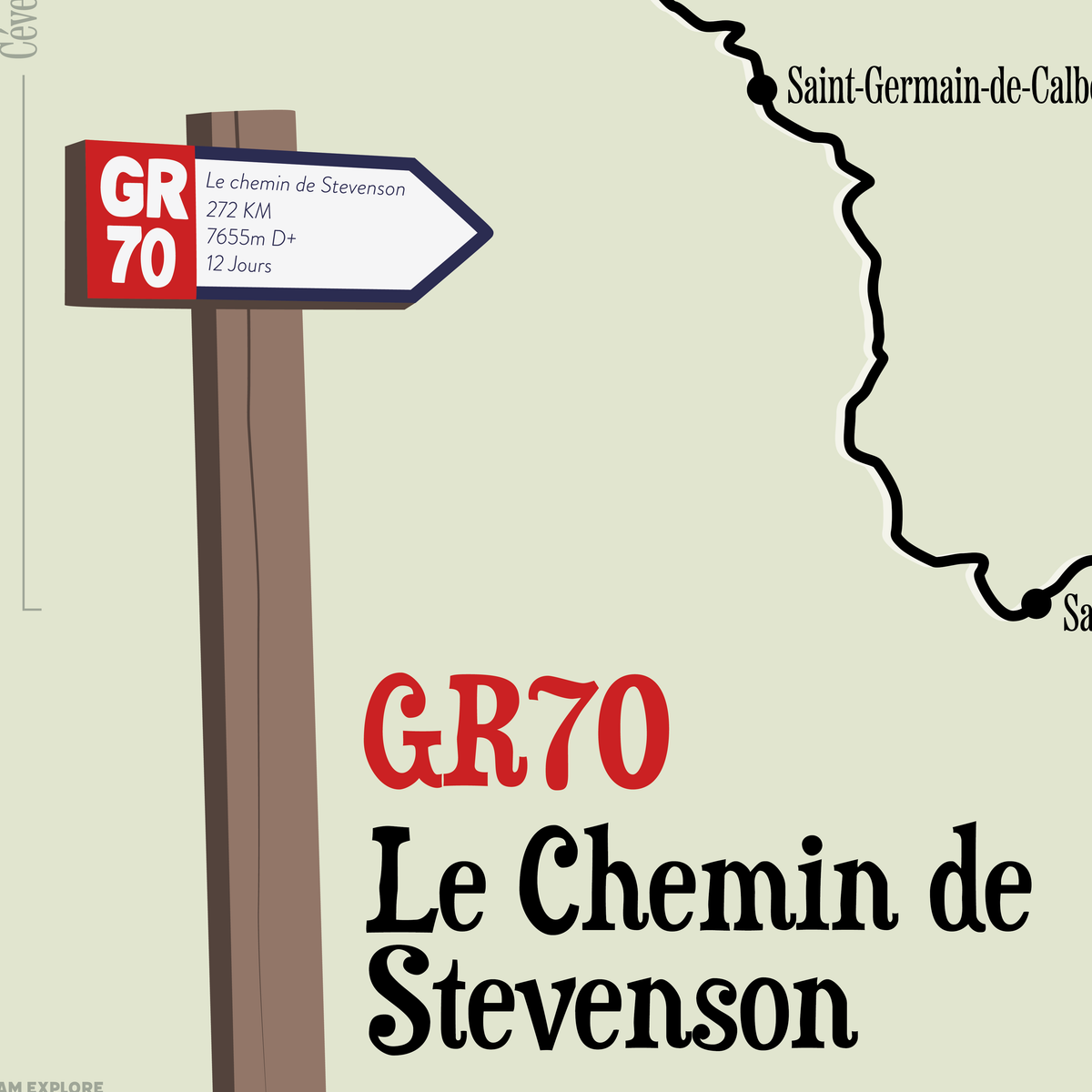 Détail de la carte illustrée du Chemin de Stevenson et de ses principales étapes