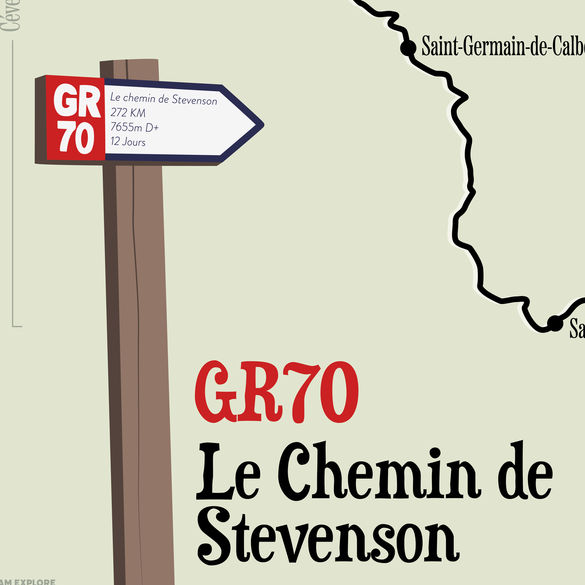 Détail de la carte illustrée du Chemin de Stevenson et de ses principales étapes