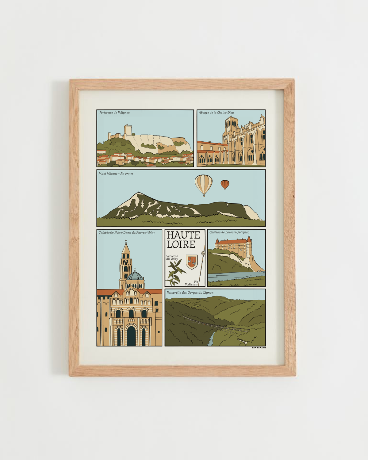 Affiche Haute-Loire illustrée – abbaye de La Chaise-Dieu, Polignac, cathédrale du Puy, Mont Mézenc et symboles du département