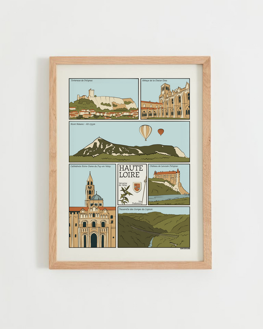 Affiche Haute-Loire illustrée – abbaye de La Chaise-Dieu, Polignac, cathédrale du Puy, Mont Mézenc et symboles du département