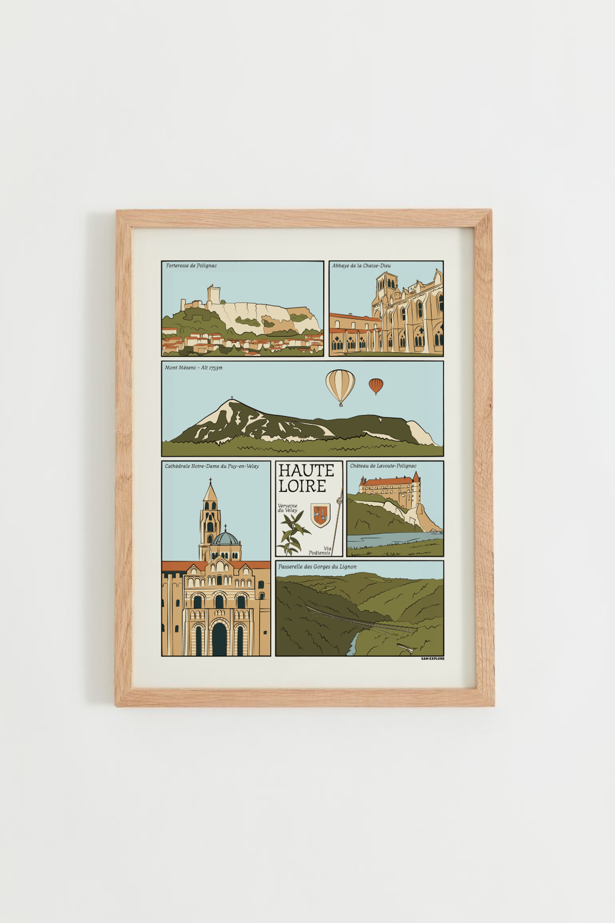 Affiche Haute-Loire illustrée – abbaye de La Chaise-Dieu, Polignac, cathédrale du Puy, Mont Mézenc et symboles du département