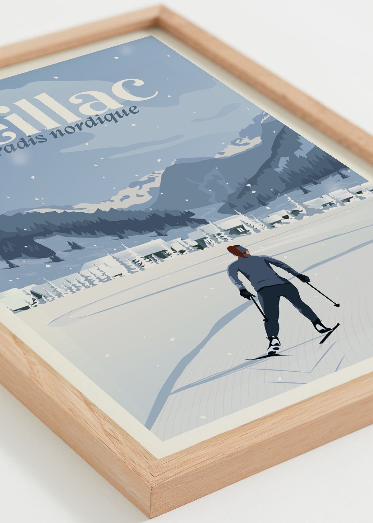 Affiche encadrée Ceillac Hiver, illustrant une skieuse de fond et le village enneigé de Ceillac dans les Hautes-Alpes, style minimaliste.