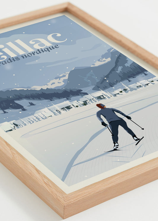 Affiche encadrée Ceillac Hiver, illustrant une skieuse de fond et le village enneigé de Ceillac dans les Hautes-Alpes, style minimaliste.