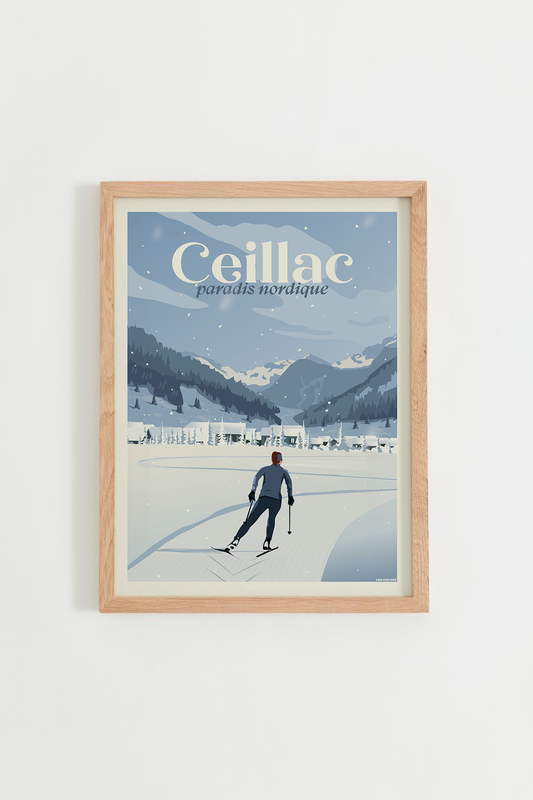 Affiche Ceillac - Paradis nordique représentant une femme en ski de fond devant le village enneigé de Ceillac, dans le Queyras, avec les montagnes en arrière-plan.
