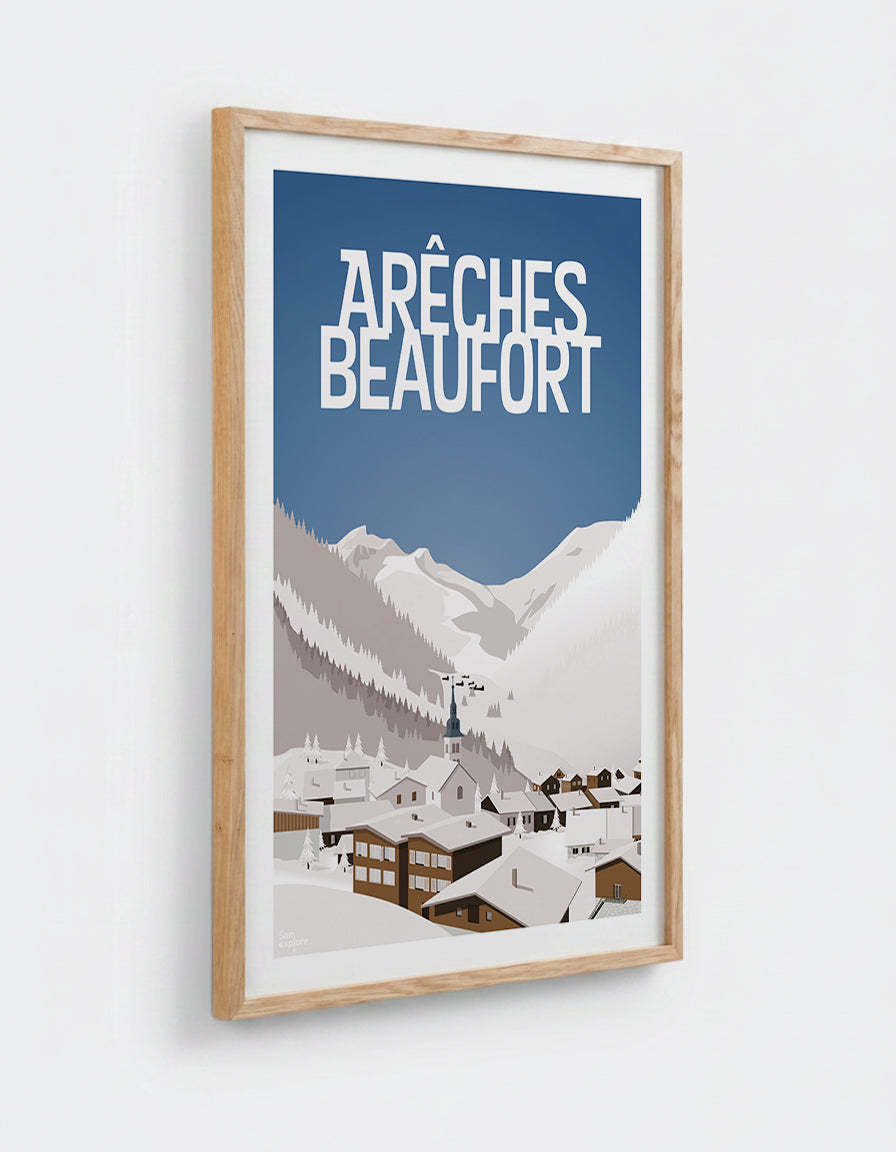 Affiche Arêches Beaufort Hiver avec cadre en chêne 50x70cm