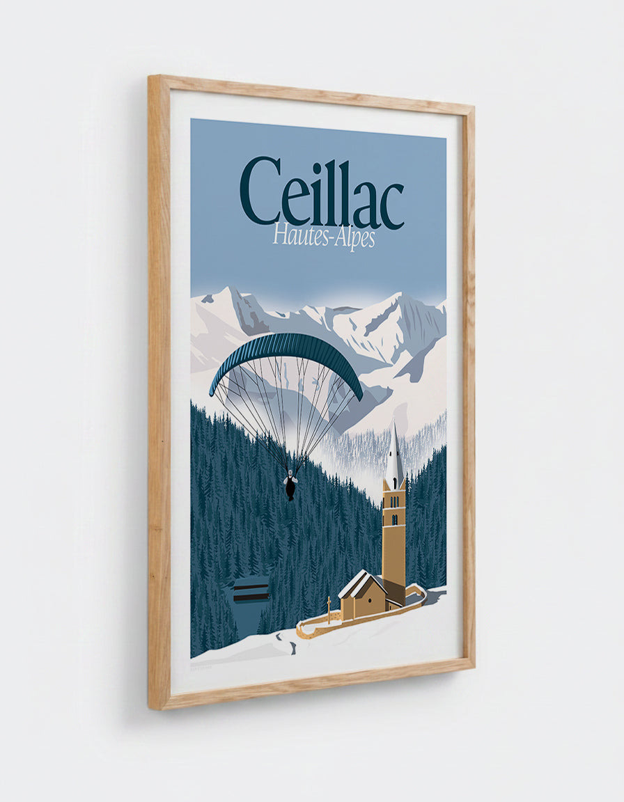 Affiche Ceillac Hiver avec cadre en chêne 50x70cm