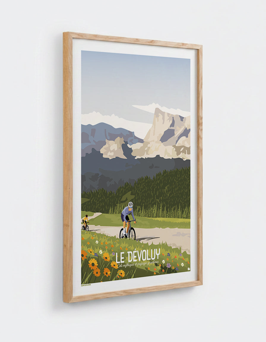 Affiche Dévoluy à vélo avec cadre en chêne 50x70cm